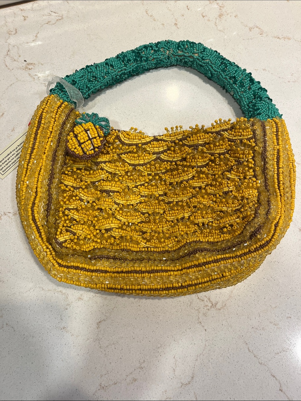 Handcrafted in India Hand-Beaded Yellow Shoulder Bag with Teal Handle